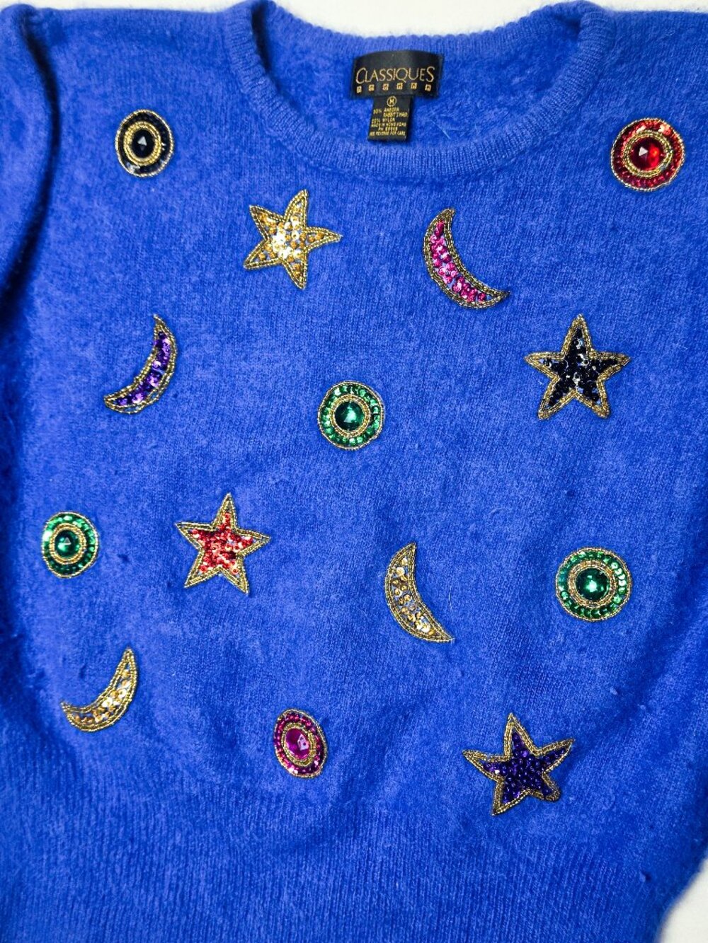 VTG Classics Blue Celestrial Sweater Fuzzy Knit Moon stars Embellished MEDIUM